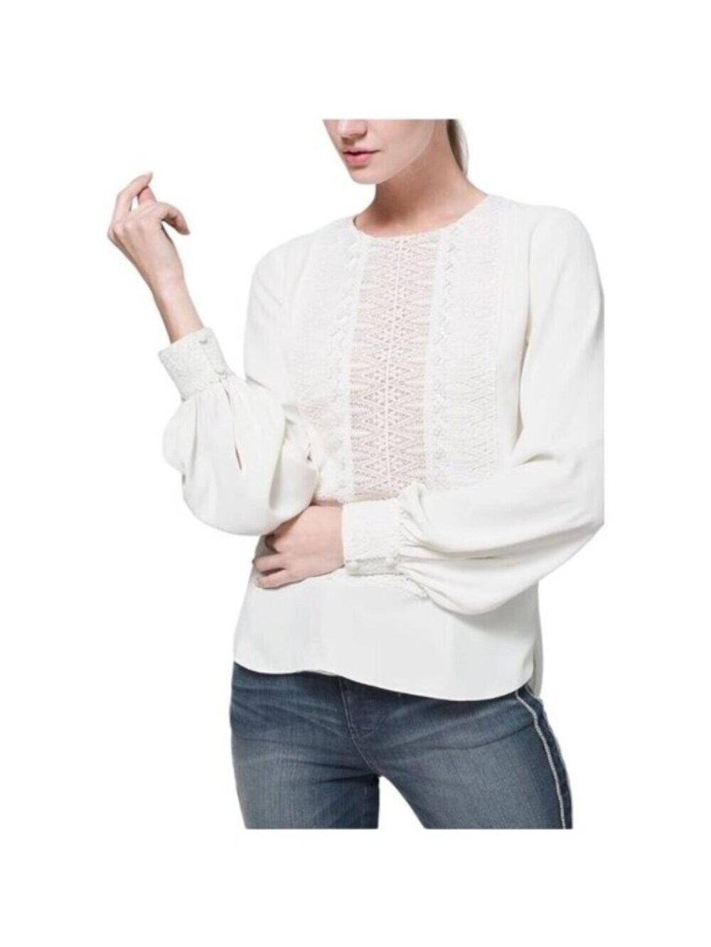 White House Black Market NWT $99 Ecru Lace Trim Blouse, Long Sleeves Women's L